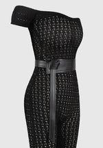 Martine - Pointelle Knit Bardot Jumpsuit with Belt - Black