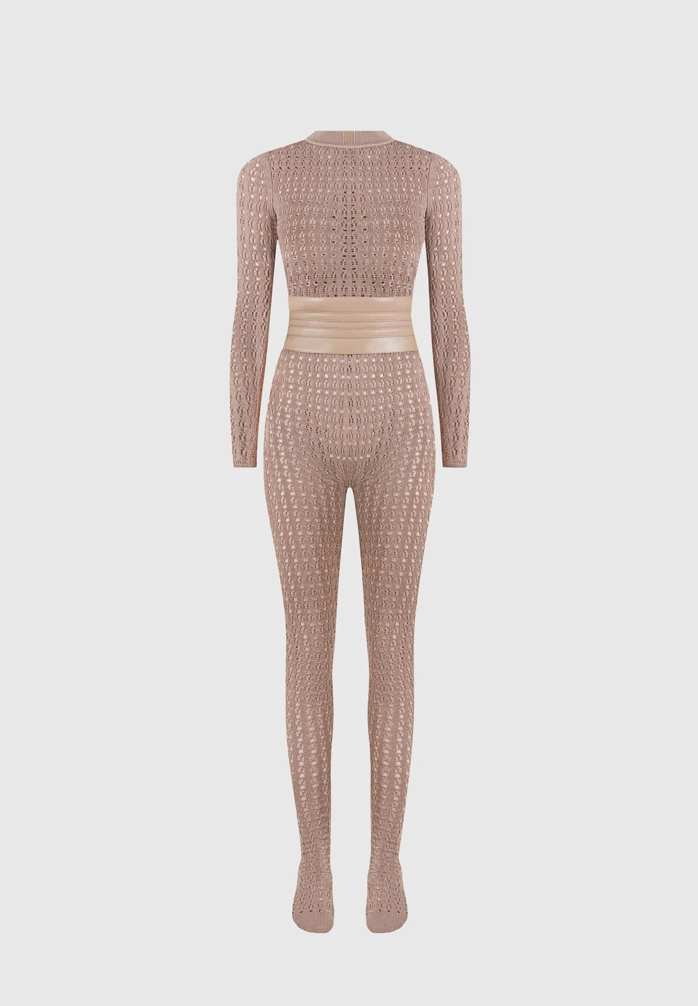 Chantal - Pointelle Knit Long Sleeve Jumpsuit with Belt - Taupe