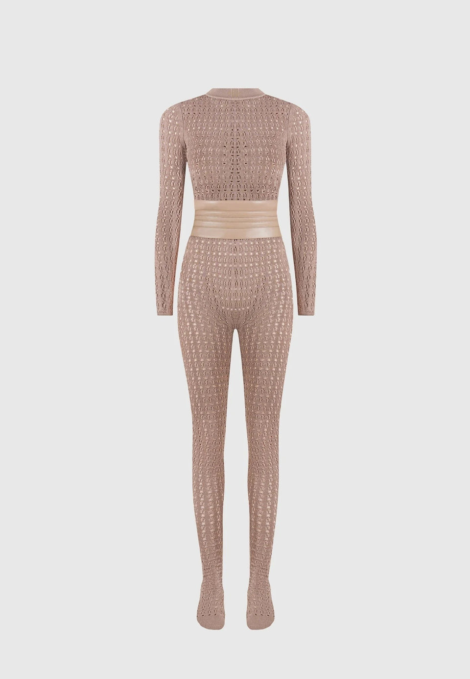 Chantal - Pointelle Knit Long Sleeve Jumpsuit with Belt - Taupe