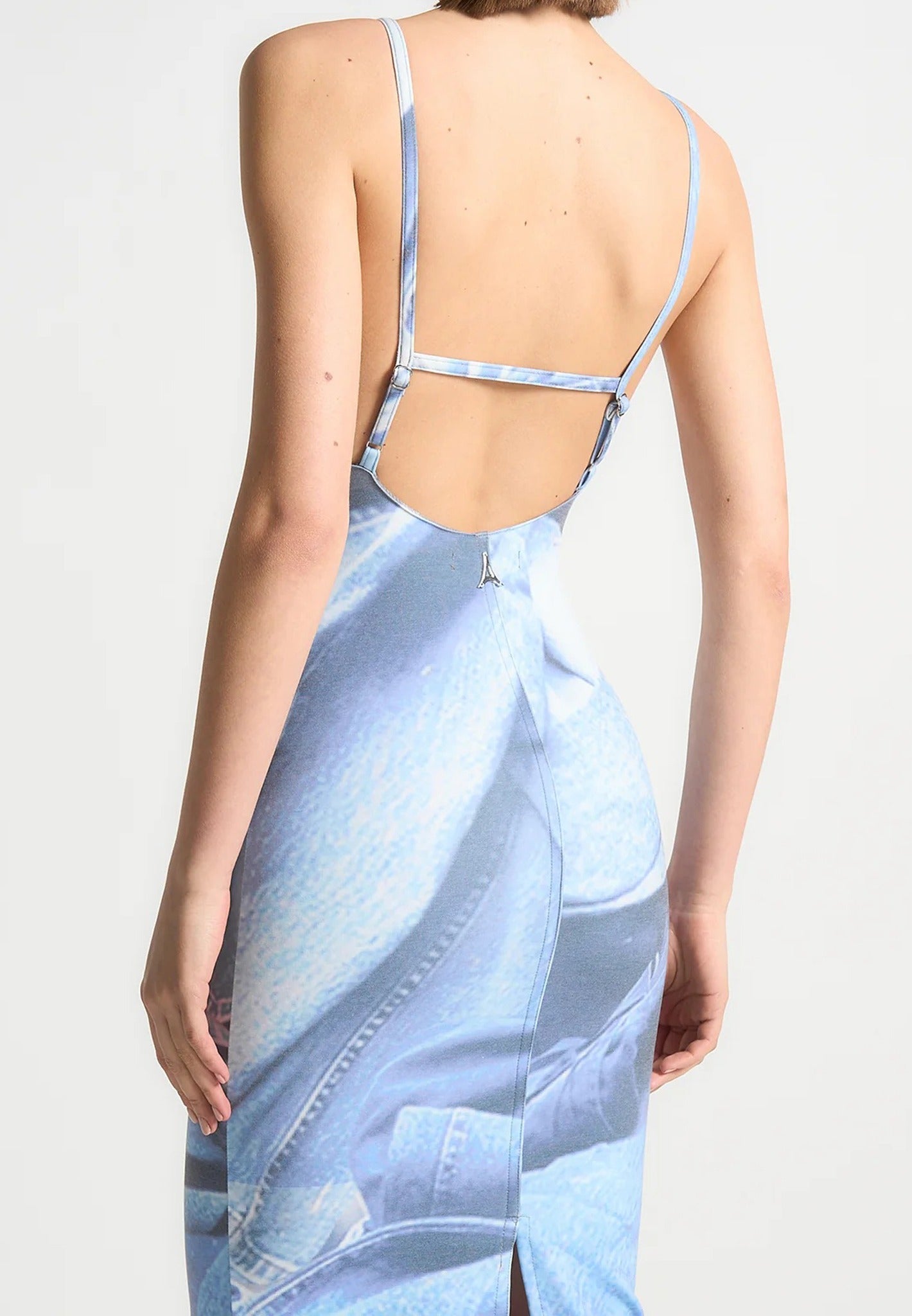 Printed Denim Effect Maxi Dress - Blue