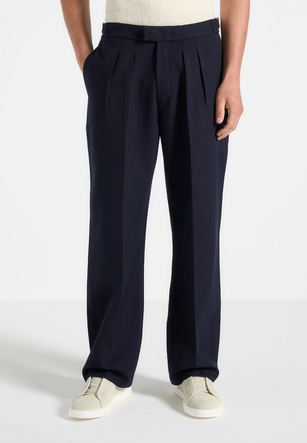 Pierre - Relaxed Fit Twin Pleat Tailored Trousers - Navy
