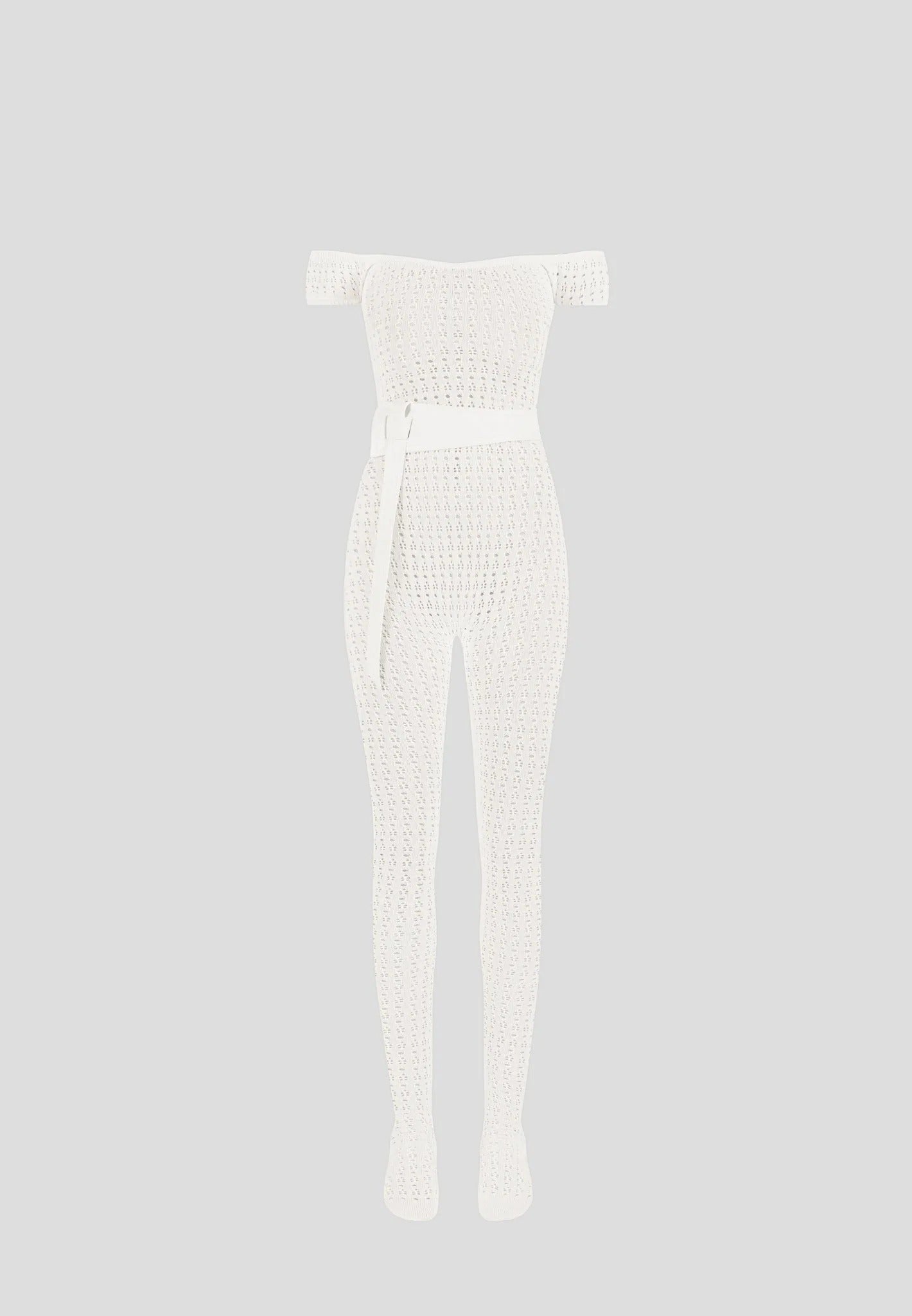 Martine - Pointelle Knit Bardot Jumpsuit with Belt - Cream