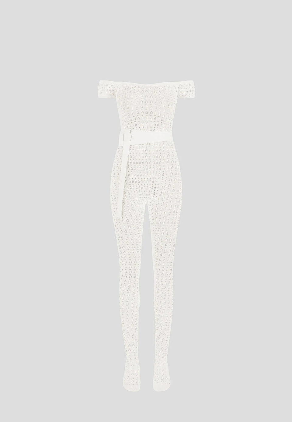 Martine - Pointelle Knit Bardot Jumpsuit with Belt - Cream