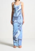 Printed Denim Effect Maxi Dress - Blue