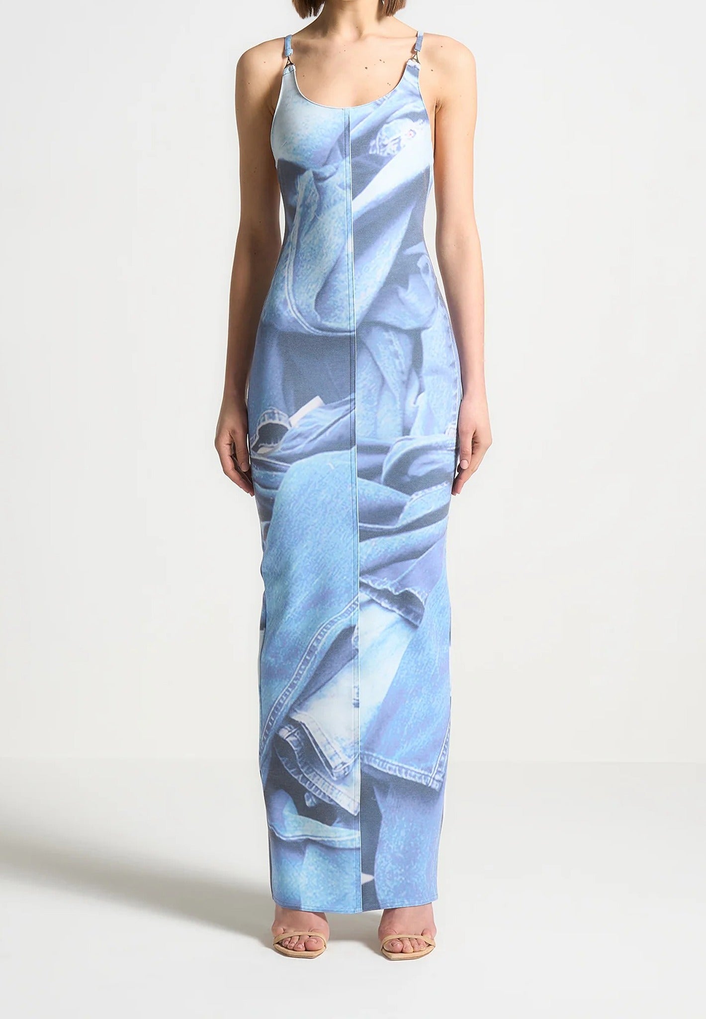 Printed Denim Effect Maxi Dress - Blue