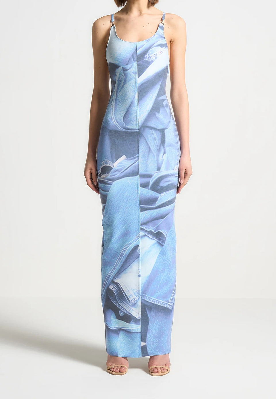 Printed Denim Effect Maxi Dress - Blue