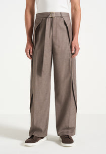 Charles - Relaxed Fit Wrap Leg Pinstripe Tailored Trousers - Taupe