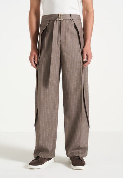 Charles - Relaxed Fit Wrap Leg Pinstripe Tailored Trousers - Taupe