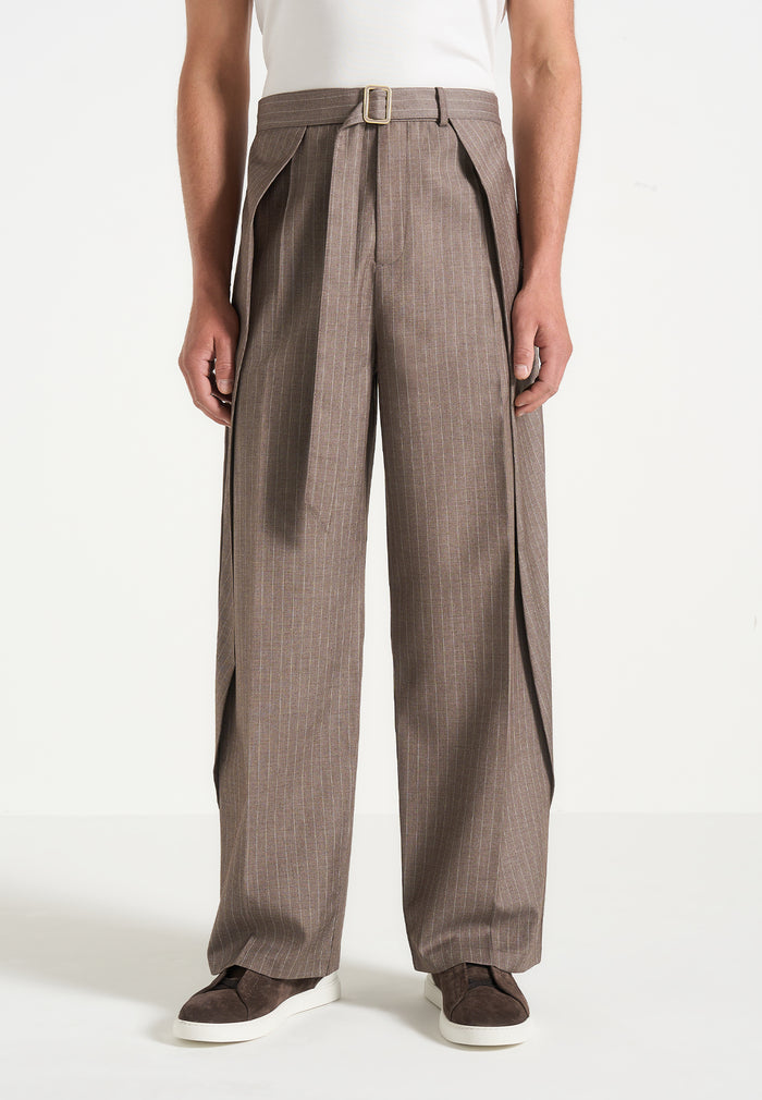 Charles - Relaxed Fit Wrap Leg Pinstripe Tailored Trousers - Taupe