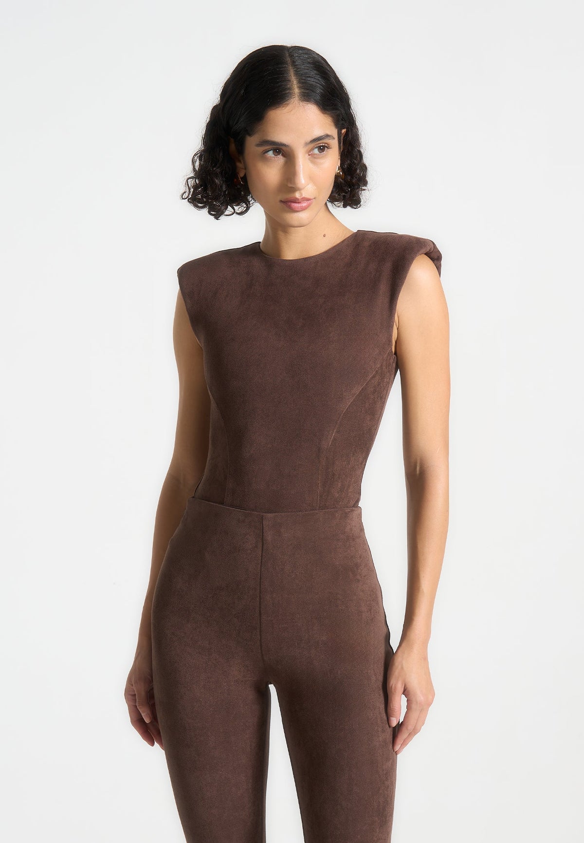 Wide Shoulder Suede Bodysuit - Brown