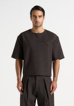 Léon - Boxy Cropped Hatched T-Shirt - Dark Brown