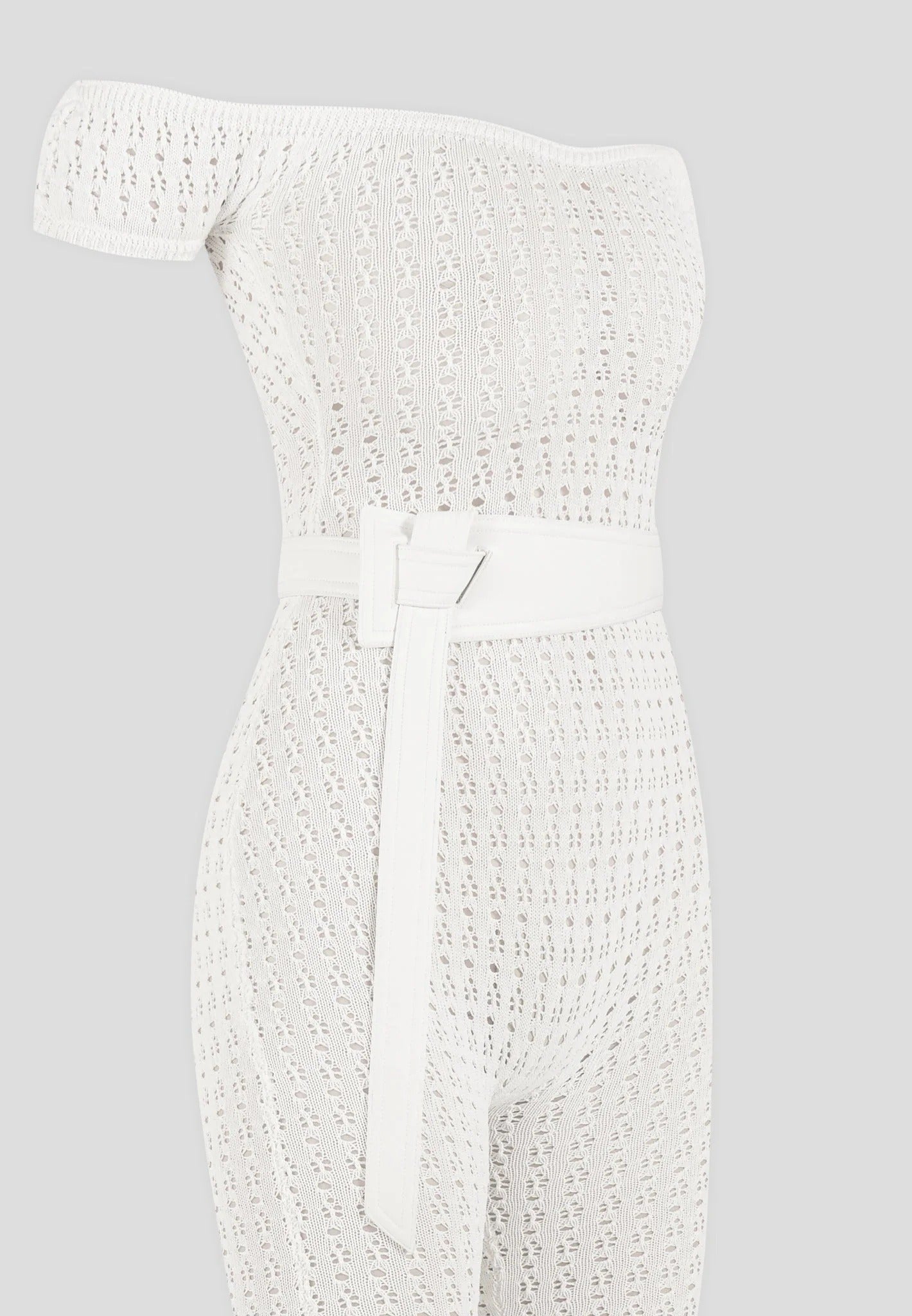 Martine - Pointelle Knit Bardot Jumpsuit with Belt - Cream