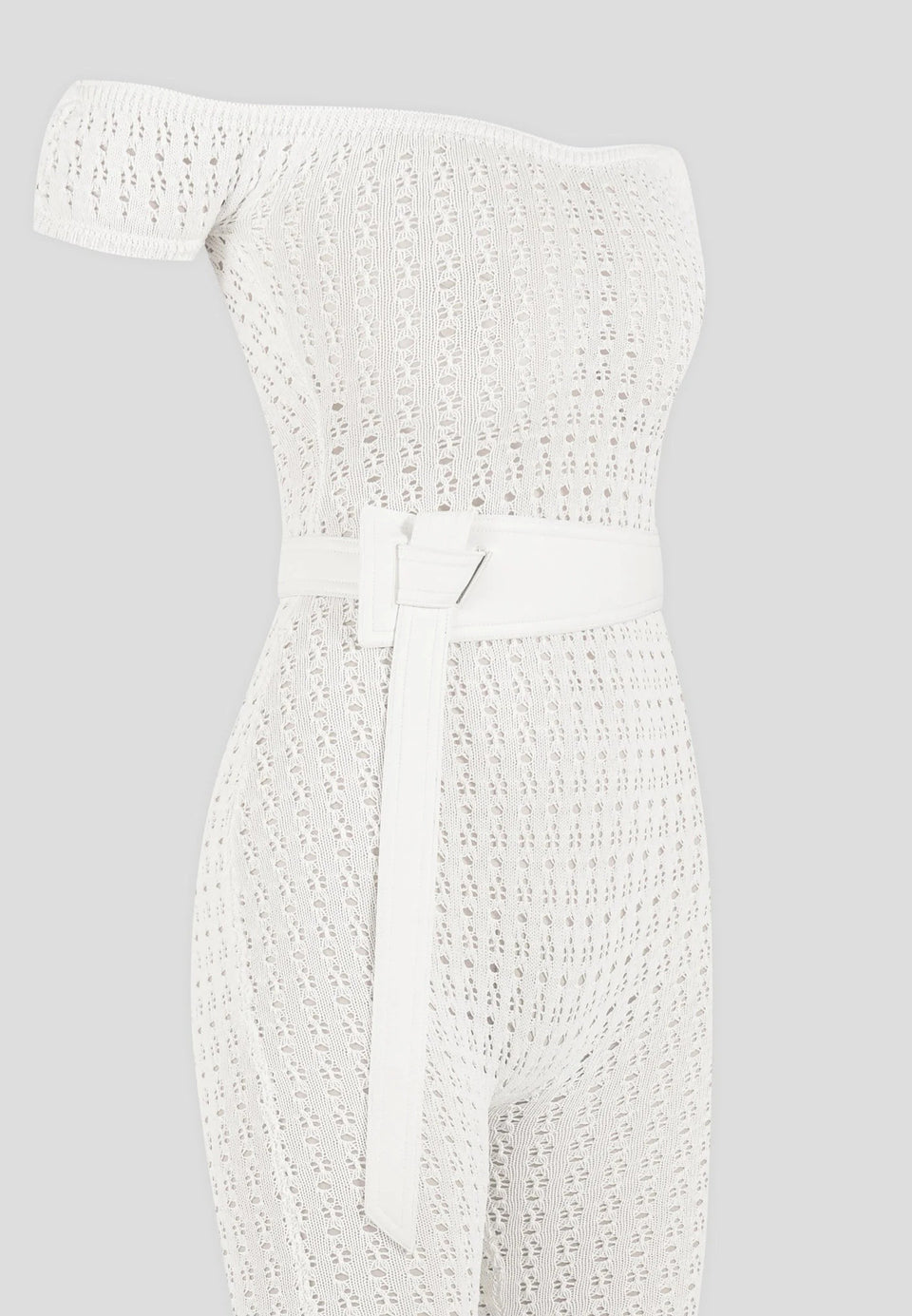 Martine - Pointelle Knit Bardot Jumpsuit with Belt - Cream