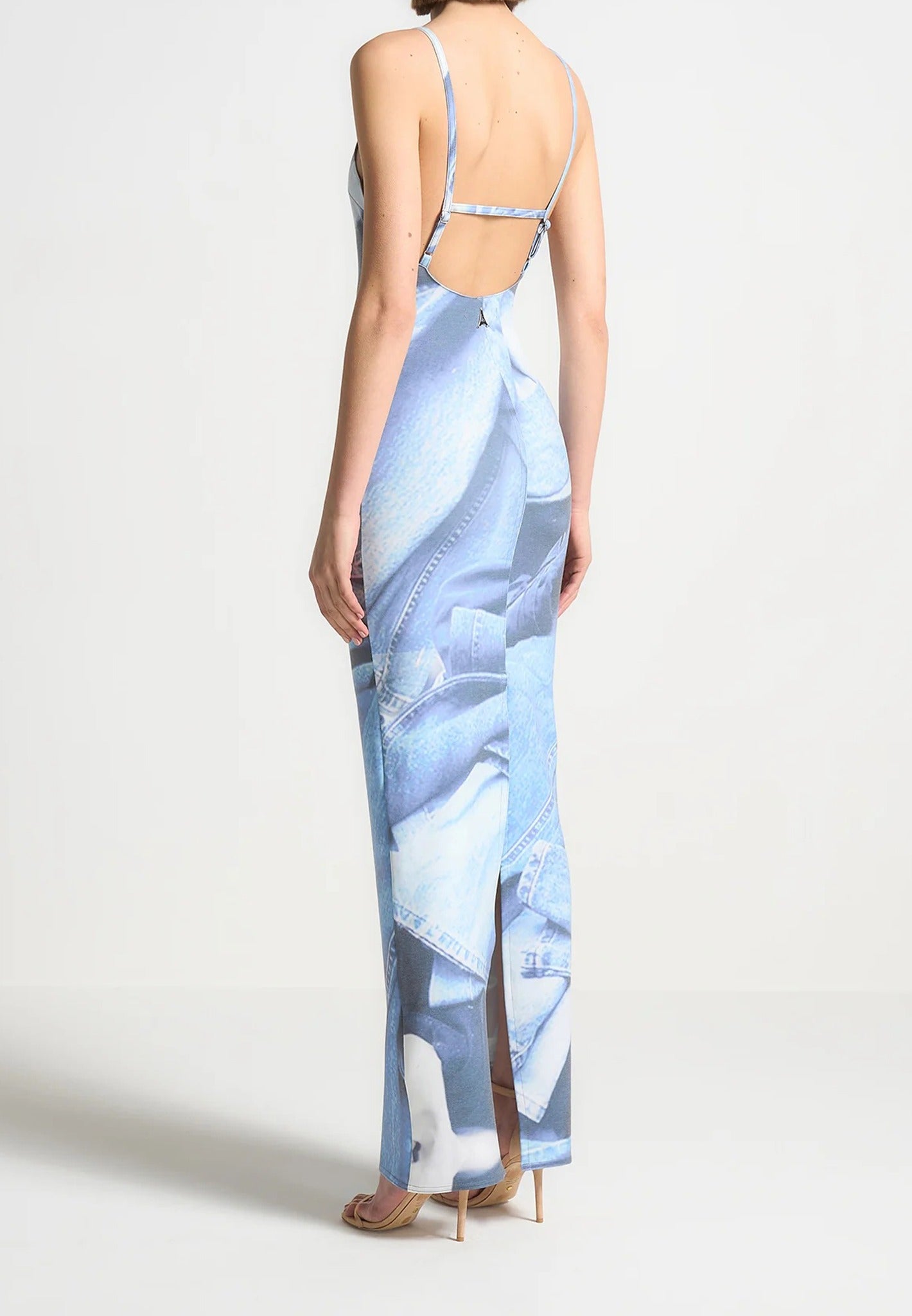 Printed Denim Effect Maxi Dress - Blue
