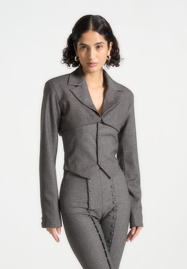 Lise - Cropped Tailored Blazer & Button Detail Bandeau - Dark Grey