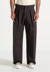 Lior - Box Pleat Hatched Wide Leg Trousers - Dark Brown