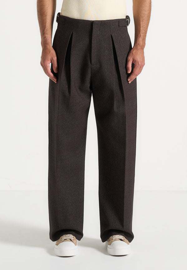Lior - Box Pleat Hatched Wide Leg Trousers - Dark Brown