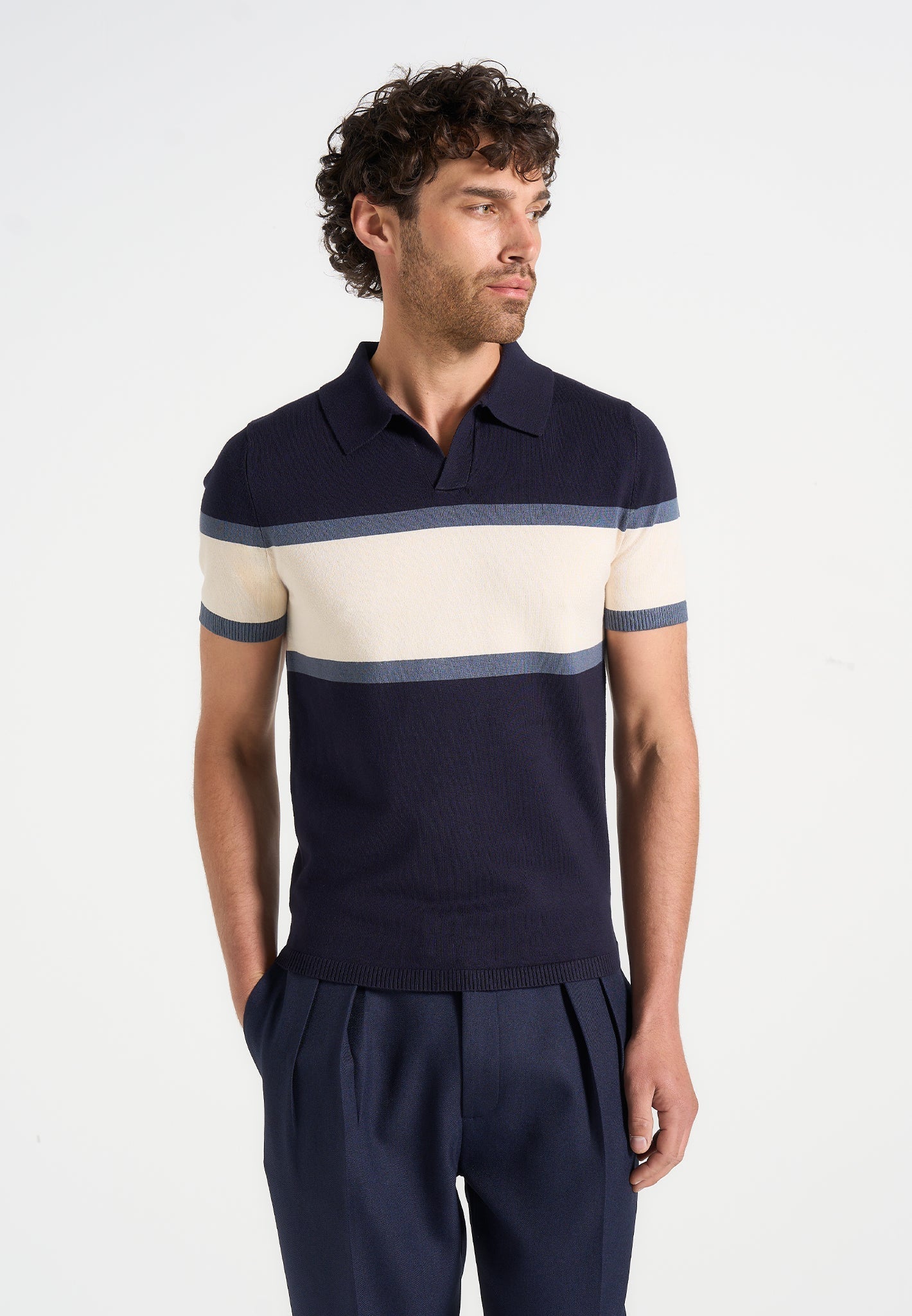Enzo - Colour Block Polo Top - Navy 