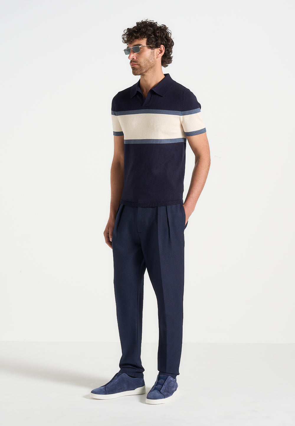 Enzo - Colour Block Polo Top - Navy