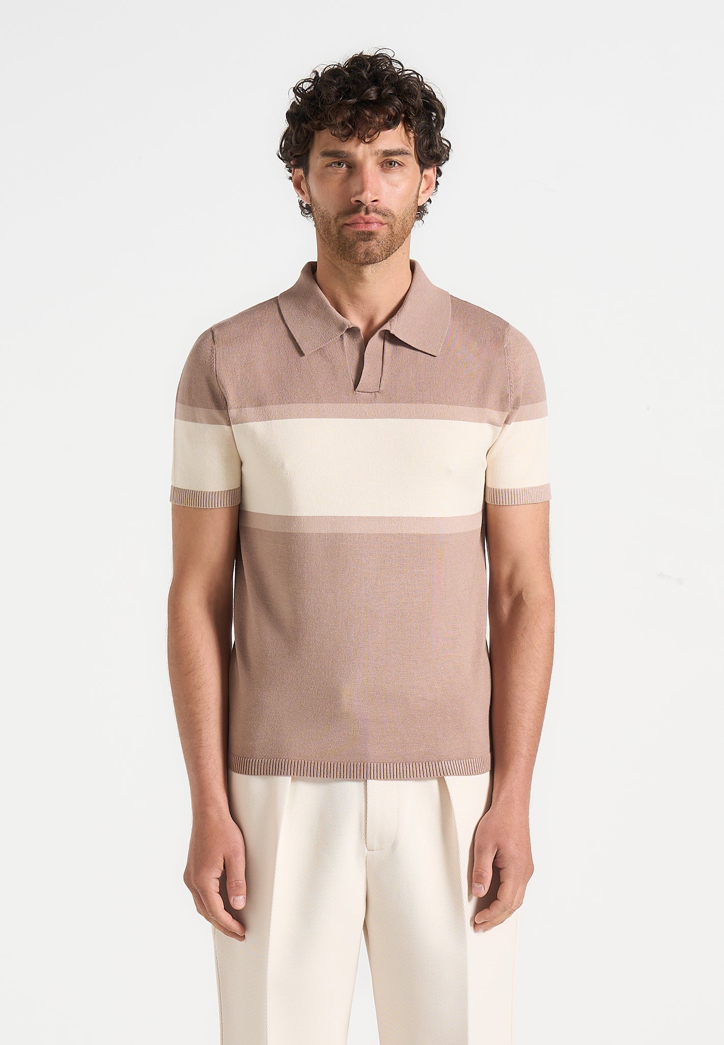 Enzo - Colour Block Polo Top - Taupe