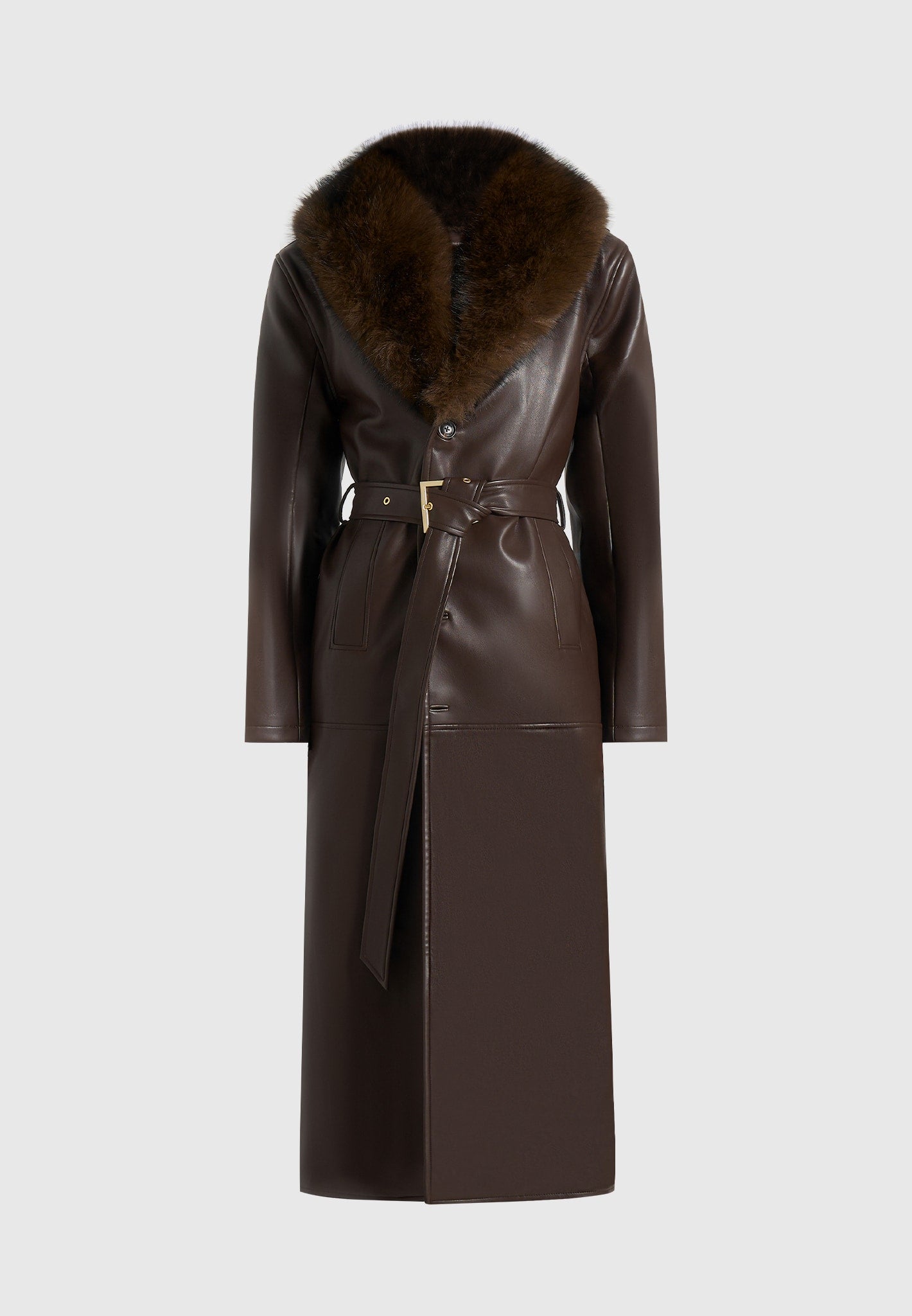 Cenya - Fur Collar Belted Leather Coat - Brown