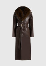 Cenya - Fur Collar Belted Leather Coat - Brown