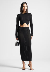 2-in-1 Long Sleeve Knitted Midaxi Dress - Black