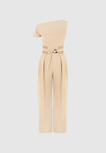 Valerie - Tailored Off Shoulder Jumpsuit with Belt - Beige