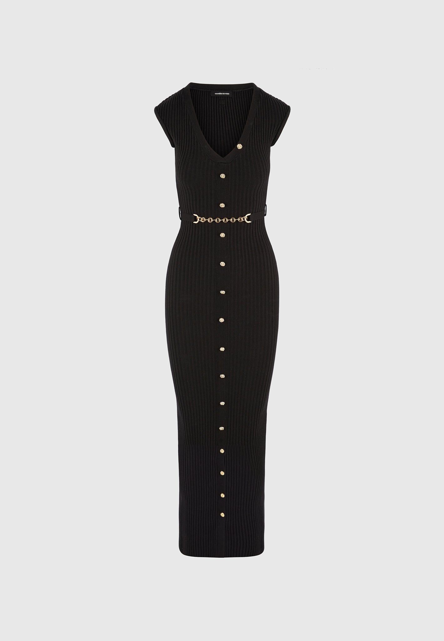 Helene - Knitted Maxi Dress with Belt - Black | Manire De Voir Helene - Knitted Maxi Dress with Belt - Black | Manire De Voir