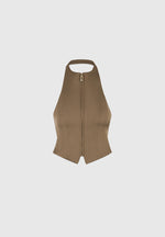 Claudette - Satin Halterneck Backless Top - Dark Olive