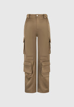 Emilie - Satin High Waisted Cargo Pants - Dark Olive