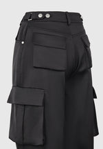 Emilie - Satin High Waisted Cargo Pants - Black