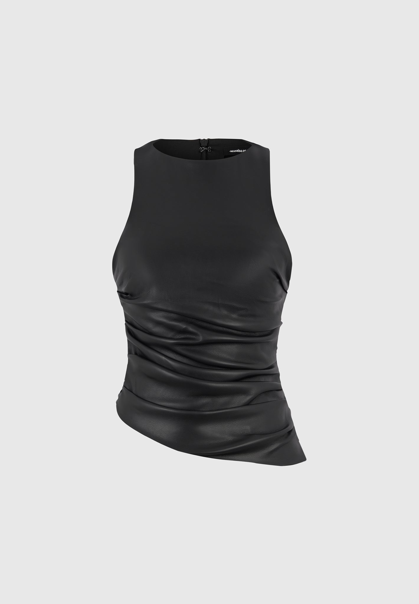 Yolande - Leather Asymmetric Tacked Racer Top - Black