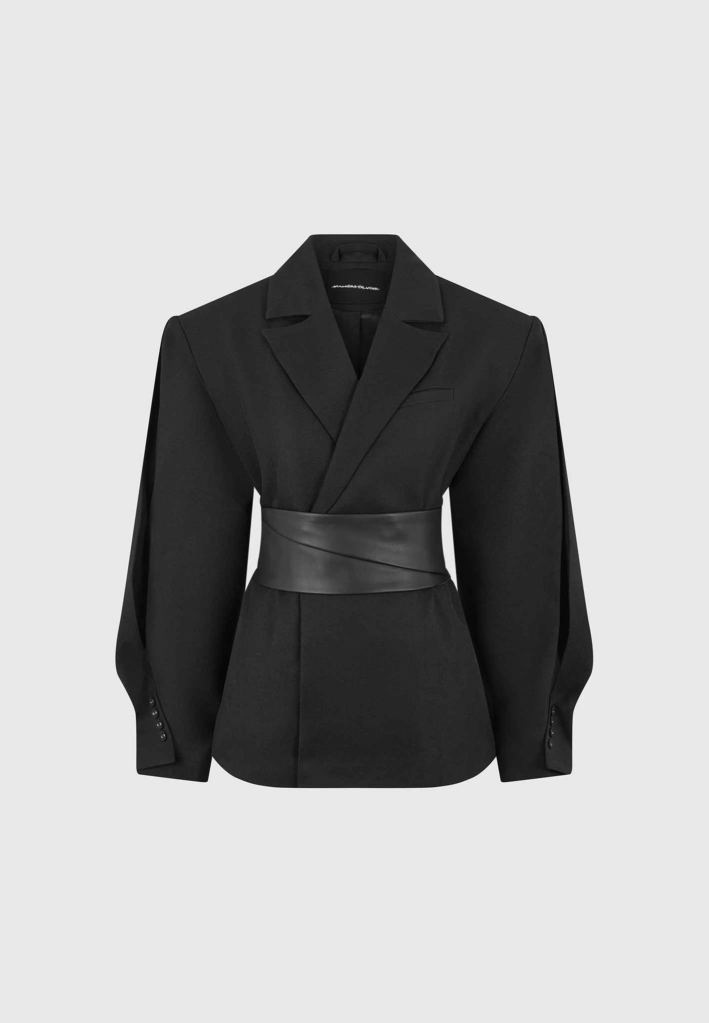 Marie - Wool Twist Sleeve Blazer with Belt - Black