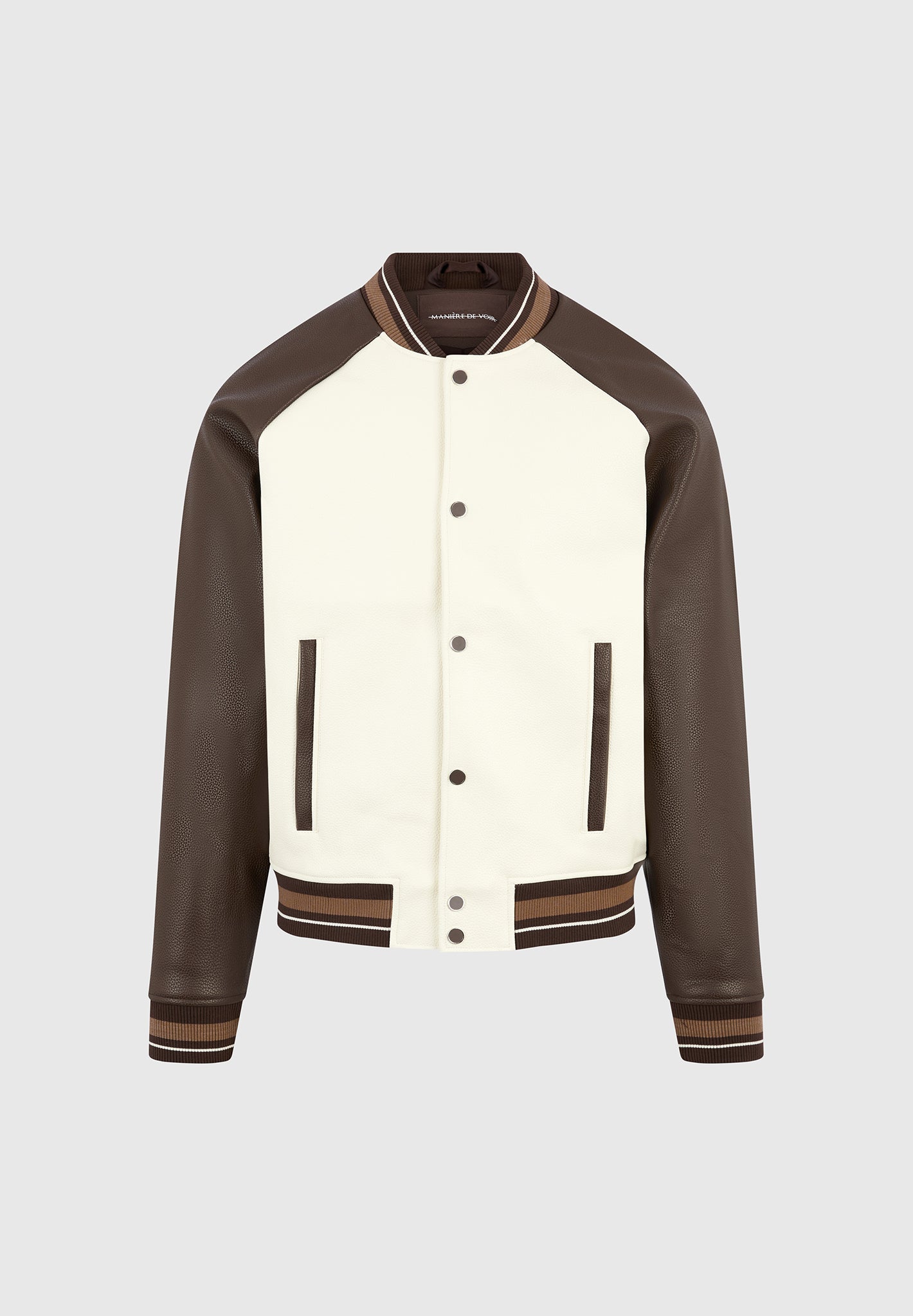 Guy - Contrast Leather Bomber Jacket - Cream/Brown