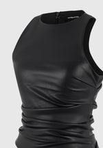 Yolande - Leather Asymmetric Tacked Racer Top - Black