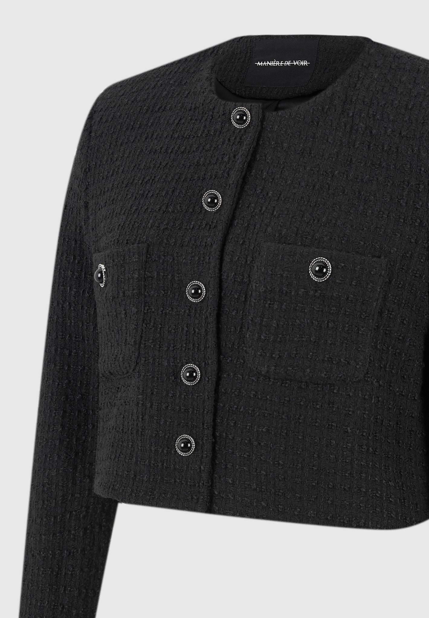 Celine - Cropped Tweed Jacket with Pearls - Black