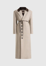 Anissa - Herringbone Wool Oversized Coat with Leather Belt - Beige