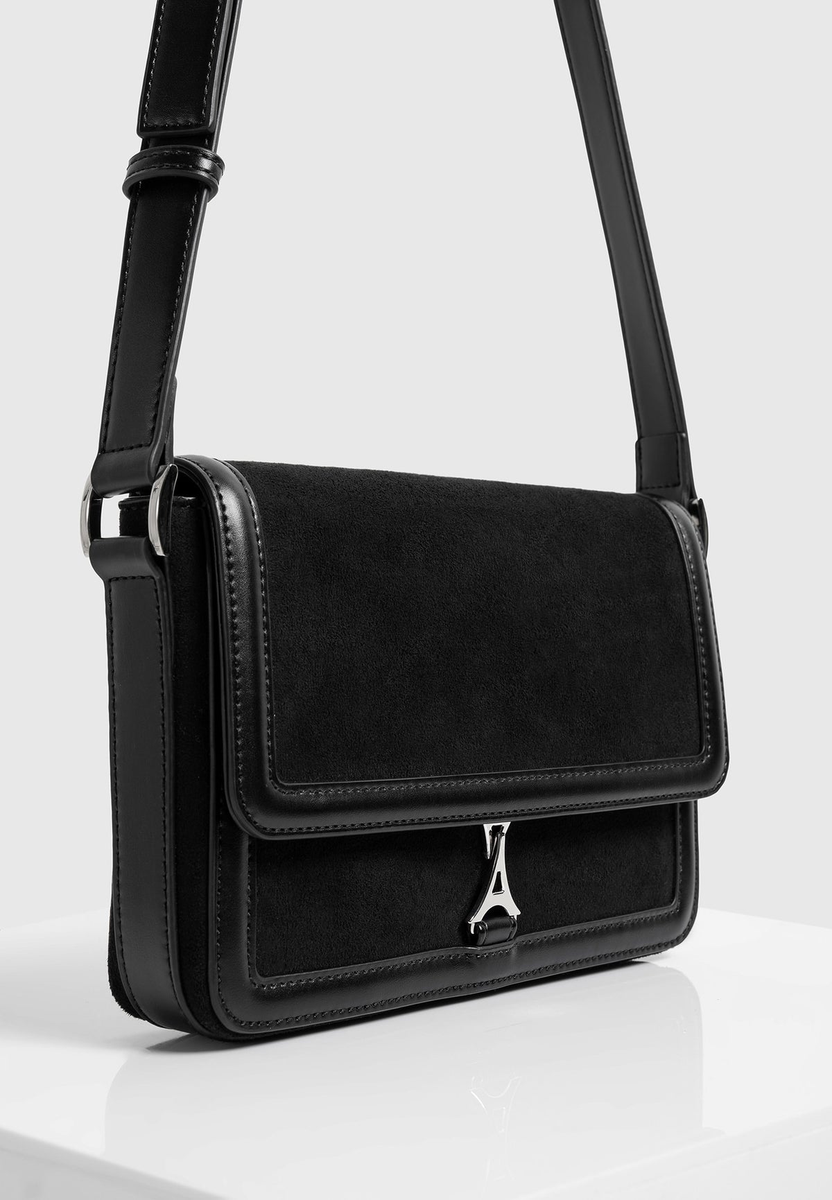AC003 - Suede & Leather Crossbody Bag - Black