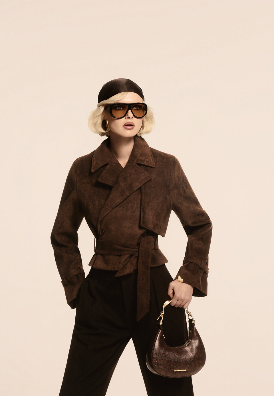 Poppy - Cropped Suede Belted Biker Jacket - Brown