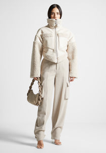 Angular Hem Leather Borg Biker Jacket - Beige