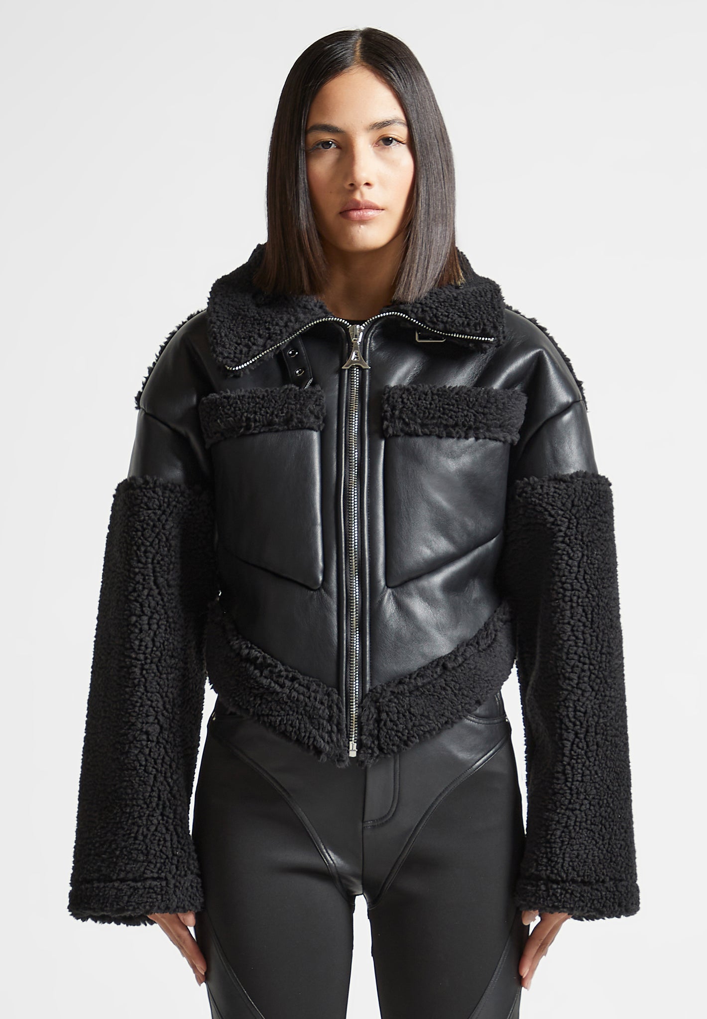 Angular Hem Vegan Leather Borg Biker Jacket Black