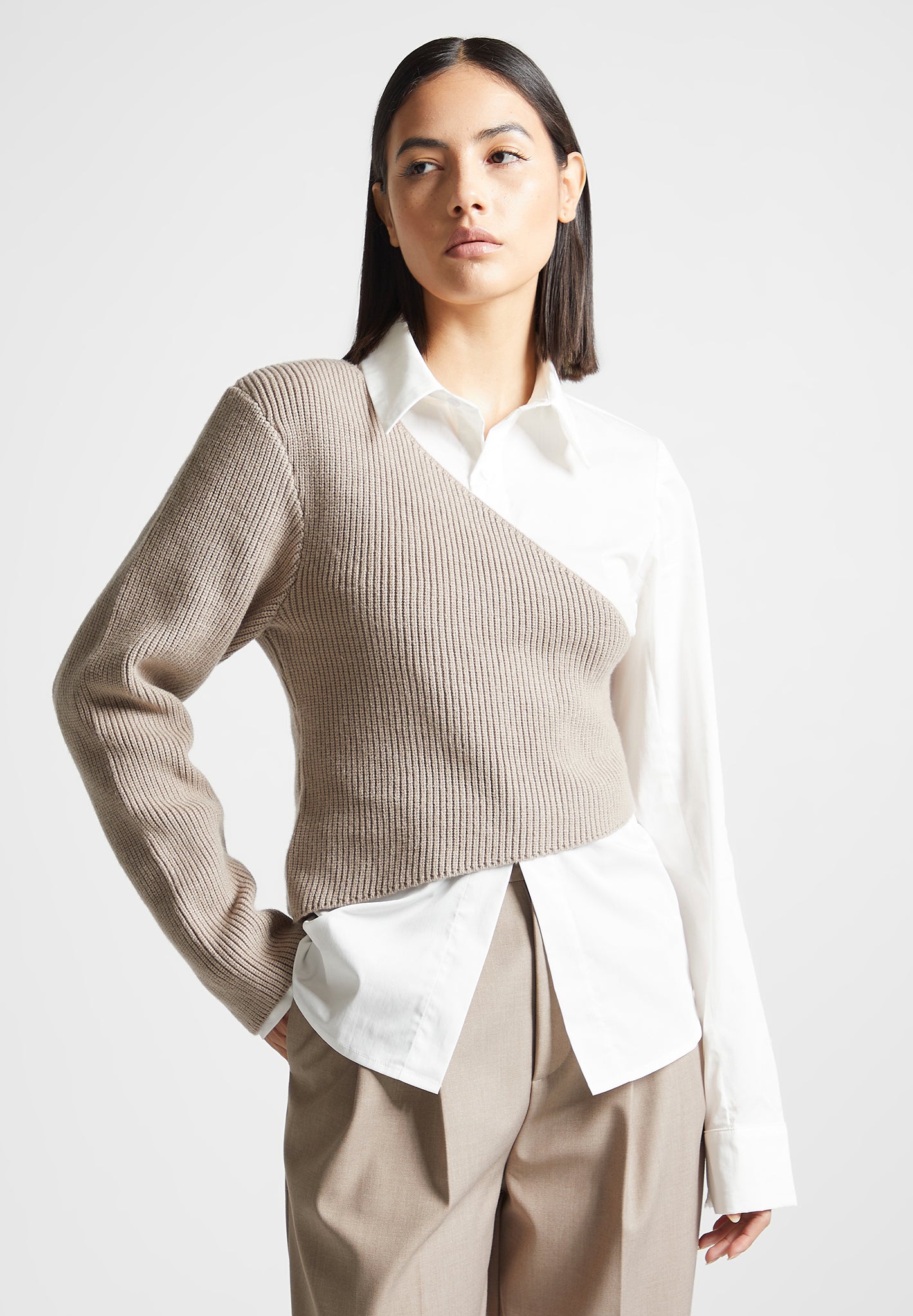 Asymmetric Knitted Overlay Shirt - White/Beige