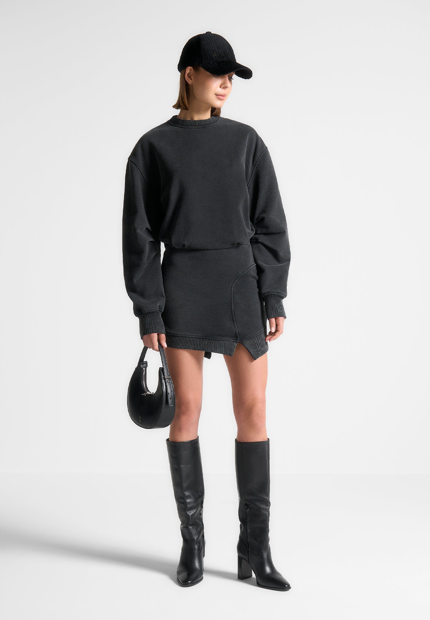 Asymmetric Knit Jumper Dress - Black
