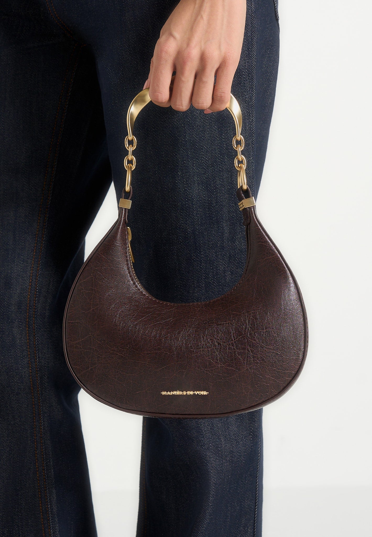 Sadie - Sculpted Leather Crescent Bag - Brown 
