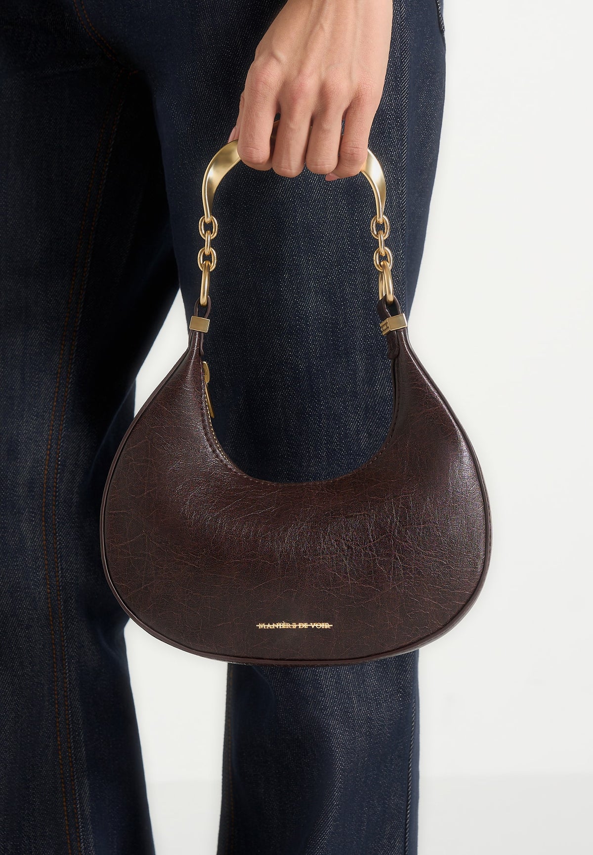 Sadie - Sculpted Leather Crescent Bag - Brown