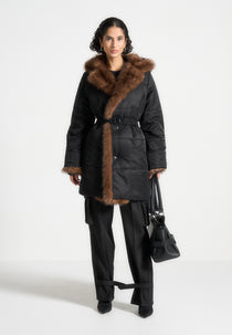 Alima - Fur Longline Belted Coat - Black