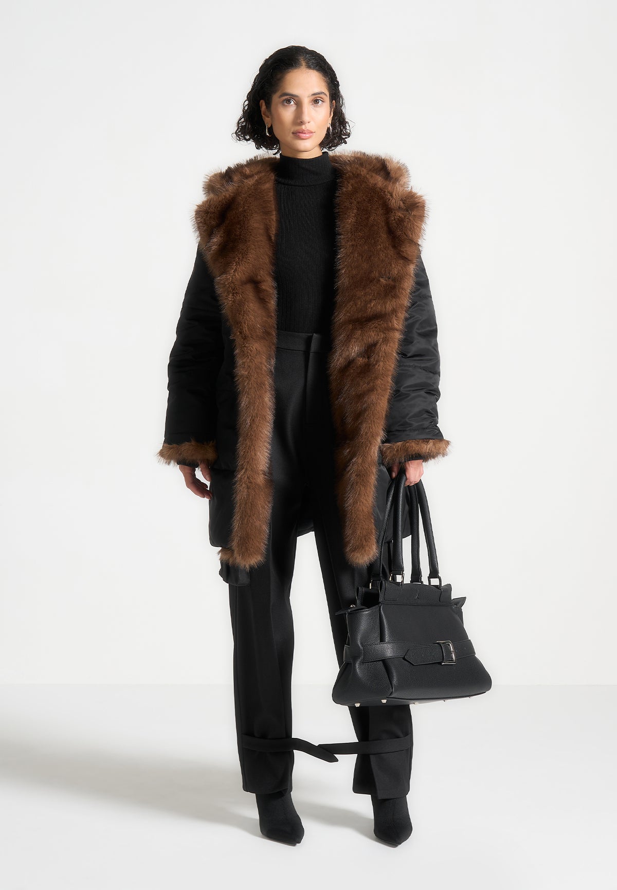 Alima - Fur Longline Belted Coat - Black