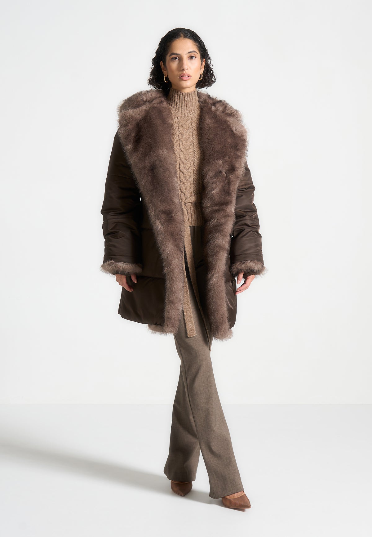 Alima - Fur Longline Belted Coat - Brown