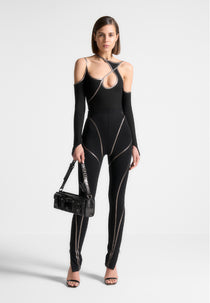 Chrome Piped Contour Bodysuit - Black